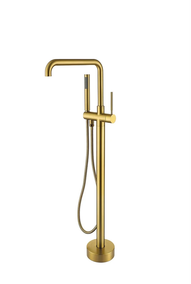 Alt view image 2 of 6 - Freestanding Bathtub Faucet with Hand Shower, Brushed Gold, Metal, Freestanding Tub Faucets
