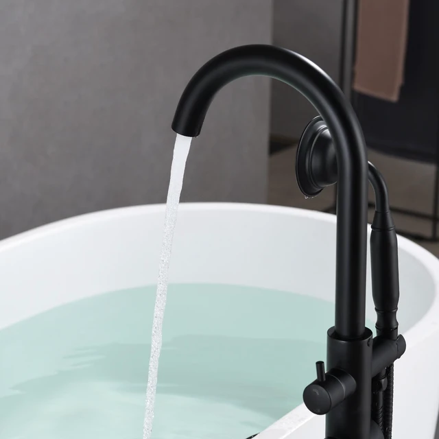 Alt view image 3 of 7 - Freestanding Bathtub Faucet with Handheld Shower 40.12 Inch High Swan Neck Spout Solid for Clawfoot Tub, Matte Black