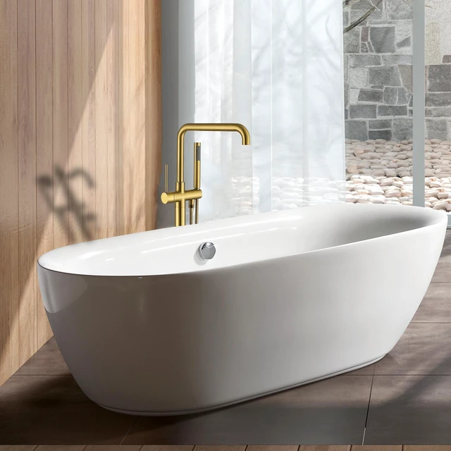 Alt view image 6 of 6 - Freestanding Bathtub Faucet with Hand Shower, Brushed Gold, Metal, Freestanding Tub Faucets