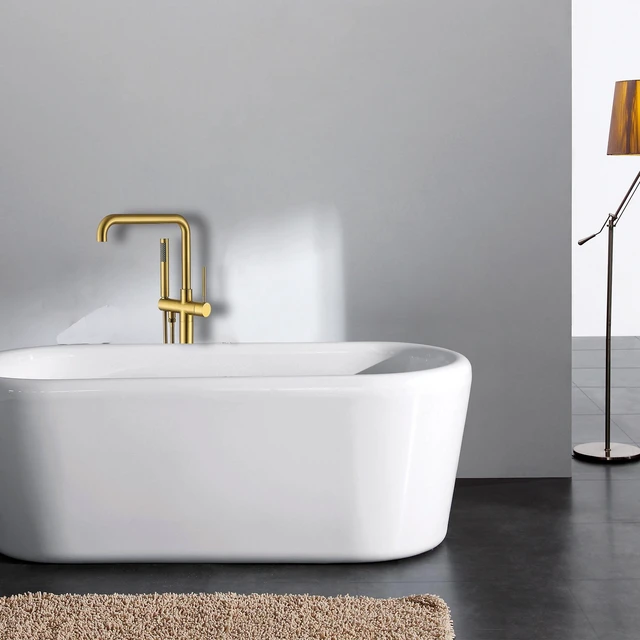 Alt view image 4 of 6 - Freestanding Bathtub Faucet with Hand Shower, Brushed Gold, Metal, Freestanding Tub Faucets
