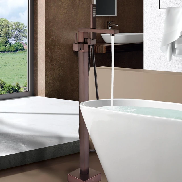 Alt view image 2 of 7 - Freestanding Bathtub Faucet with Hand Shower, Oil-Rubbed Bronze, Metal, Freestanding Tub Faucets