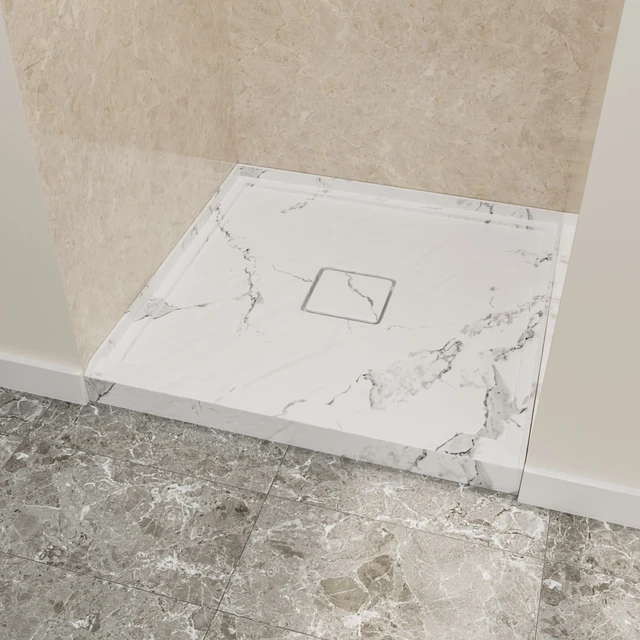Alt view image 2 of 7 - Inchx Inchin Shower Base, Resin and Fiberglass Center Drain Single Threshold Shower Pan Jazz Vein, White Charcoal