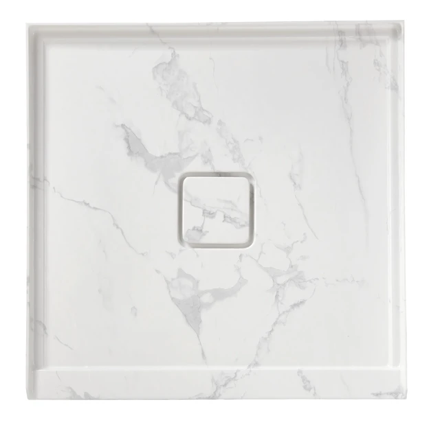 Alt view image 3 of 7 - Inchx Inchin Shower Base, Resin and Fiberglass Center Drain Single Threshold Shower Pan Jazz Vein, White Charcoal