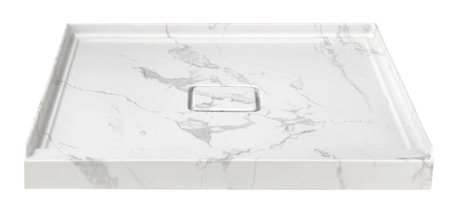 Alt view image 5 of 7 - Inchx Inchin Shower Base, Resin and Fiberglass Center Drain Single Threshold Shower Pan Jazz Vein, White Charcoal