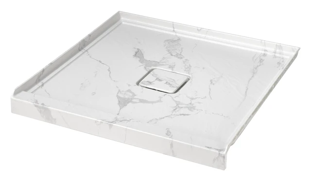 Alt view image 6 of 7 - Inchx Inchin Shower Base, Resin and Fiberglass Center Drain Single Threshold Shower Pan Jazz Vein, White Charcoal