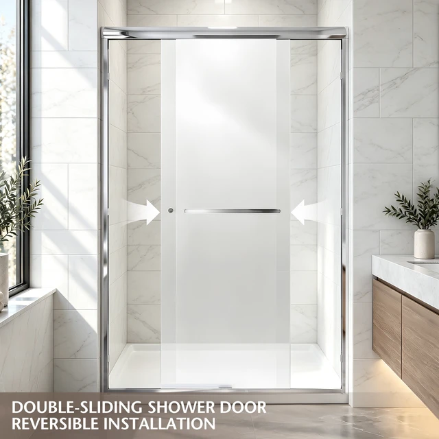 Alt view image 3 of 7 - 44 to 48 Inch 72 Inch Framed Double Sliding Shower Door, 4 6 mm Frosted Tempered Glass with Nano Self Cleaning