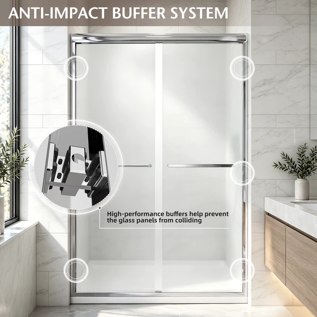 Alt view image 7 of 7 - 44 to 48 Inch 72 Inch Framed Double Sliding Shower Door, 4 6 mm Frosted Tempered Glass with Nano Self Cleaning