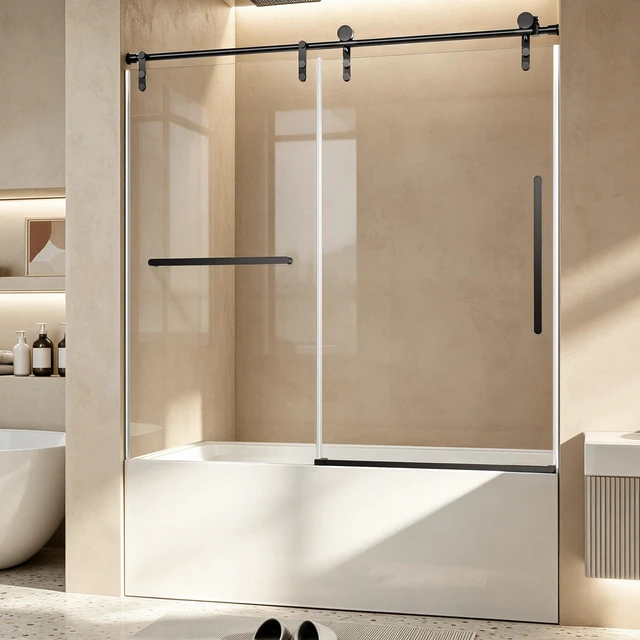 Alt view image 2 of 7 - 60 Inch 60 Inch Frameless Single Sliding Shower Door, Bathtub Door 4 6 mm Tempered Glass Explosion Proof Film