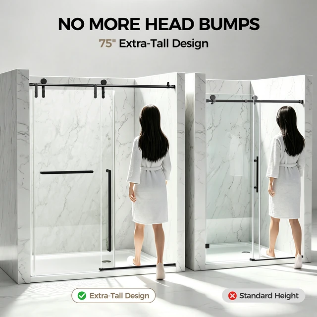 Alt view image 4 of 7 - 60 Inch 75 Inch Frameless Single Sliding Shower Door, 4 6 mm Tempered Glass Explosion Proof Film, Matte Black