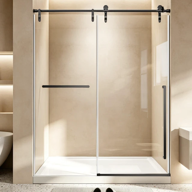 Main image of 60 Inch 75 Inch Frameless Single Sliding Shower Door, 4 6 mm Tempered Glass Explosion Proof Film, Matte Black