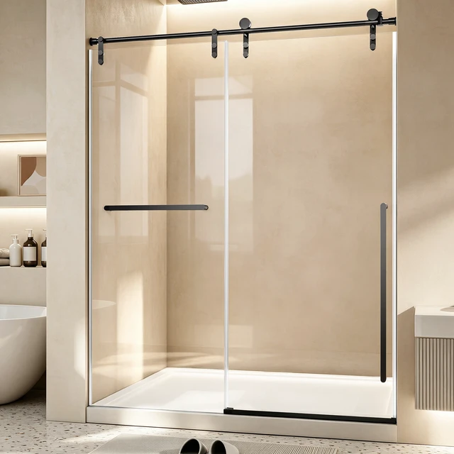 Alt view image 2 of 7 - 60 Inch 75 Inch Frameless Single Sliding Shower Door, 4 6 mm Tempered Glass Explosion Proof Film, Matte Black