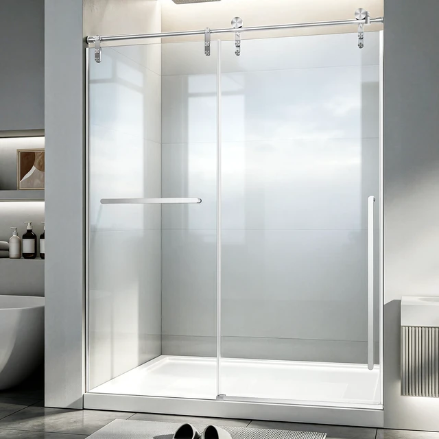 Alt view image 2 of 7 - 60 Inch 75 Inch Frameless Single Sliding Shower Door, 4 6 mm Tempered Glass Explosion Proof Film, Brushed Nickel