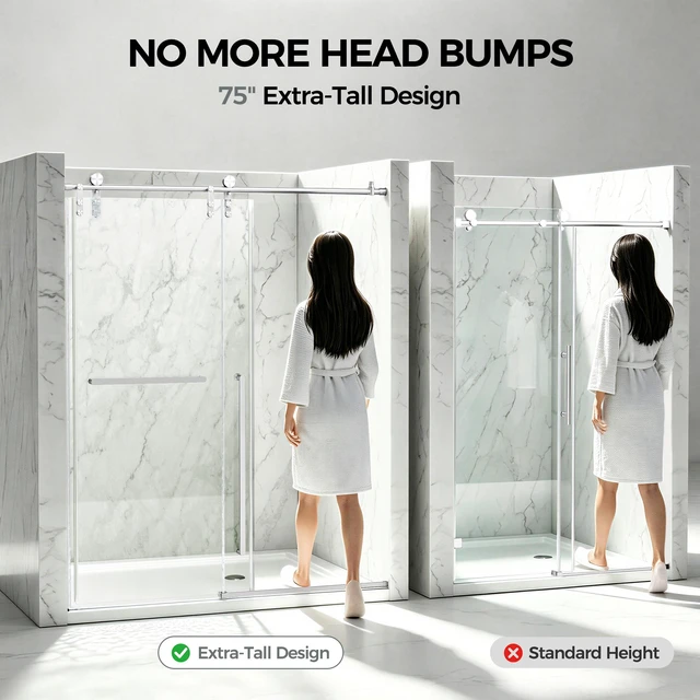 Alt view image 4 of 7 - 60 Inch 75 Inch Frameless Single Sliding Shower Door, 4 6 mm Tempered Glass Explosion Proof Film, Brushed Nickel