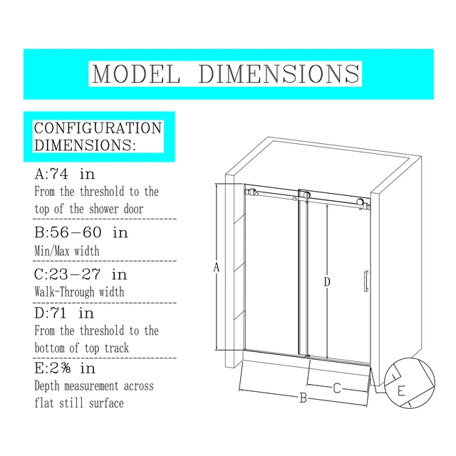 Alt view image 3 of 3 - 56 to 60 Inch 74 Inch Frameless Single Sliding Shower Doors, Sliding Shower Door 16 8 mm SGCC Tempered Glass Brushed
