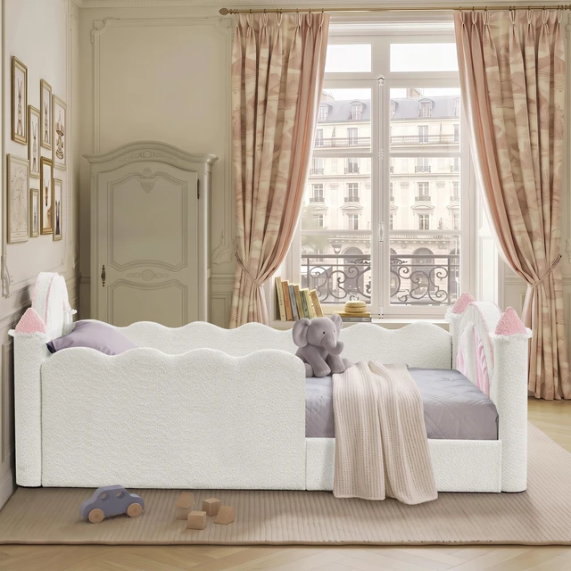 Alt view image 3 of 7 - Twin Size Castle Bed with Safety Guardrail and Curtain, Solid Bed Frame for Boucle Fabric, White, Boucle, Beds Frames