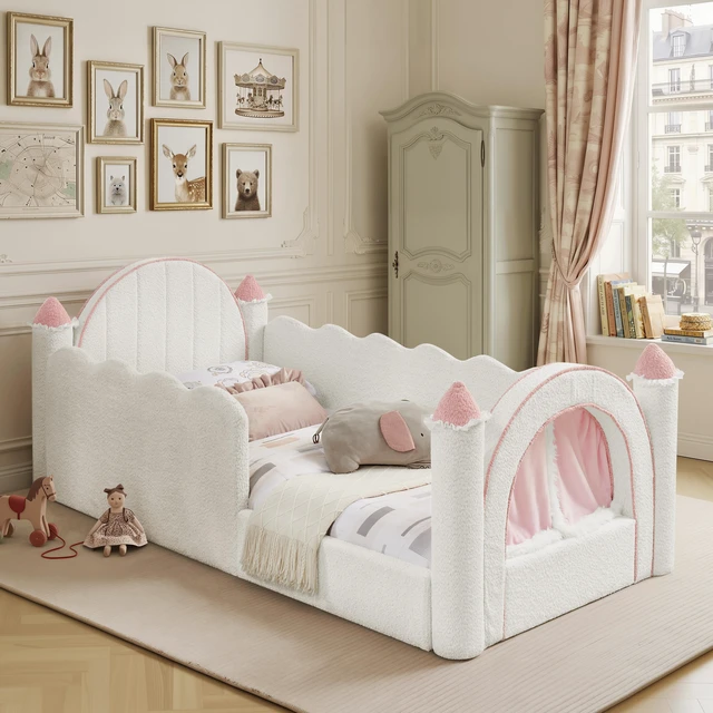 Main image of Twin Size Castle Bed with Safety Guardrail and Curtain, Solid Bed Frame for Boucle Fabric, White, Boucle, Beds Frames