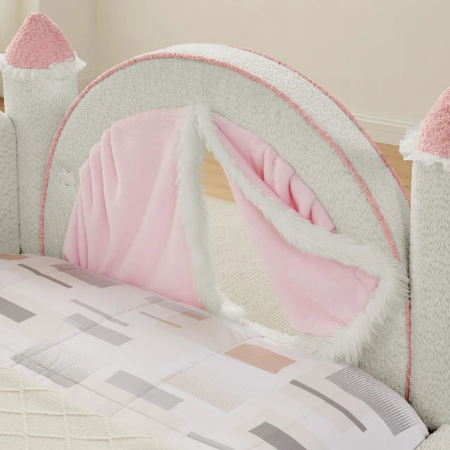 Alt view image 6 of 7 - Twin Size Castle Bed with Safety Guardrail and Curtain, Solid Bed Frame for Boucle Fabric, White, Boucle, Beds Frames
