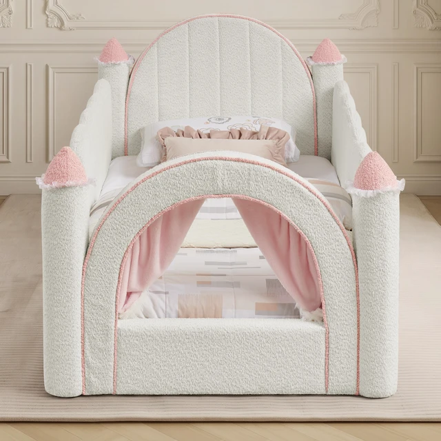 Alt view image 4 of 7 - Twin Size Castle Bed with Safety Guardrail and Curtain, Solid Bed Frame for Boucle Fabric, White, Boucle, Beds Frames