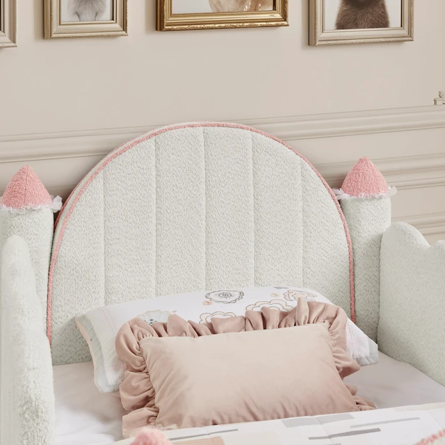 Alt view image 5 of 7 - Twin Size Castle Bed with Safety Guardrail and Curtain, Solid Bed Frame for Boucle Fabric, White, Boucle, Beds Frames