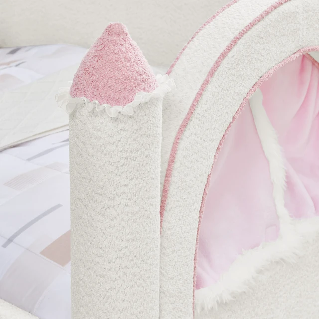 Alt view image 7 of 7 - Twin Size Castle Bed with Safety Guardrail and Curtain, Solid Bed Frame for Boucle Fabric, White, Boucle, Beds Frames