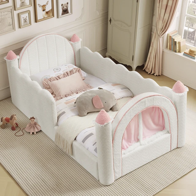 Alt view image 2 of 7 - Twin Size Castle Bed with Safety Guardrail and Curtain, Solid Bed Frame for Boucle Fabric, White, Boucle, Beds Frames