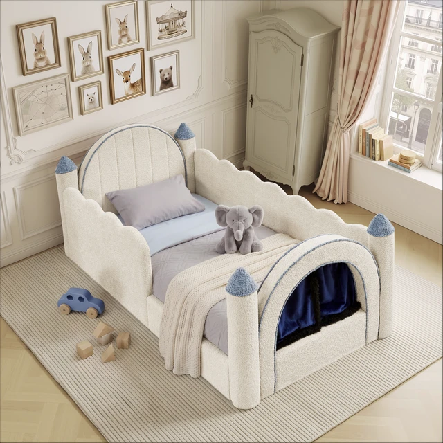 Alt view image 2 of 7 - Twin Size Castle Bed with Safety Guardrail and Curtain, Solid Bed Frame for Boucle Fabric, Camel, Boucle, Beds Frames