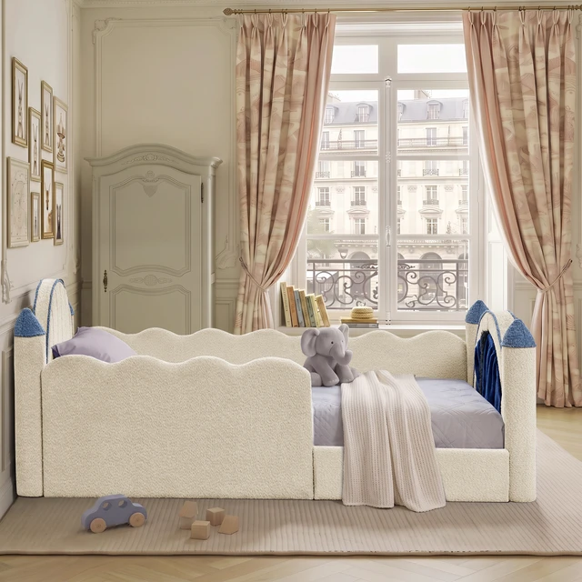 Alt view image 3 of 7 - Twin Size Castle Bed with Safety Guardrail and Curtain, Solid Bed Frame for Boucle Fabric, Camel, Boucle, Beds Frames
