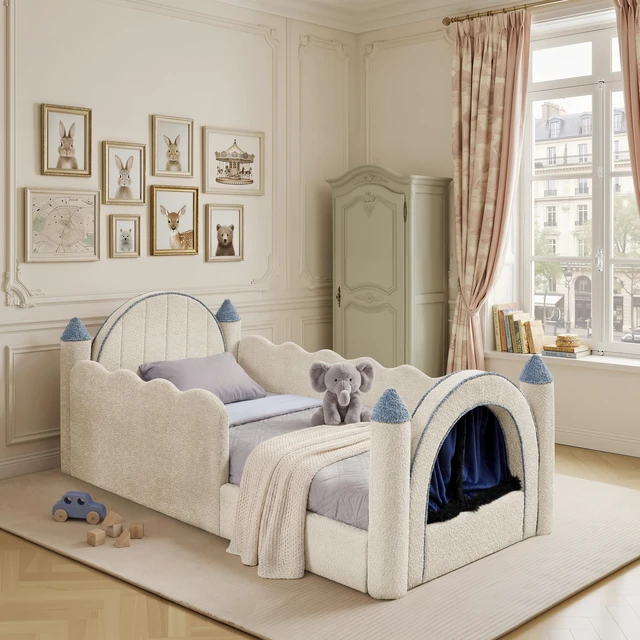 Main image of Twin Size Castle Bed with Safety Guardrail and Curtain, Solid Bed Frame for Boucle Fabric, Camel, Boucle, Beds Frames