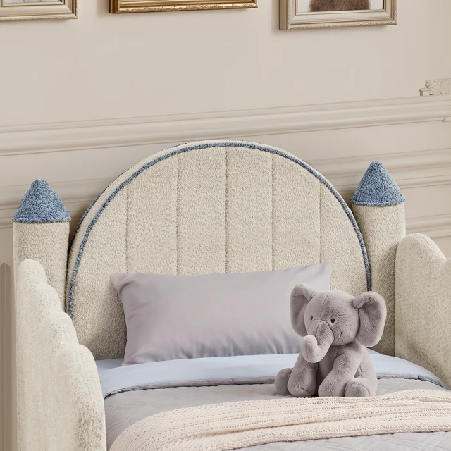 Alt view image 5 of 7 - Twin Size Castle Bed with Safety Guardrail and Curtain, Solid Bed Frame for Boucle Fabric, Camel, Boucle, Beds Frames