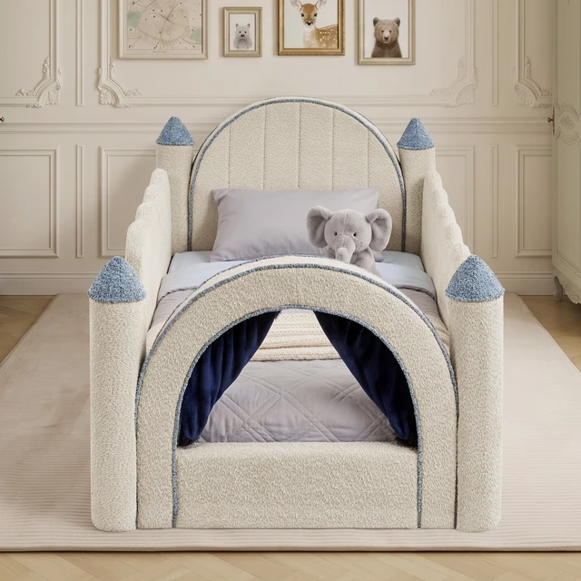 Alt view image 4 of 7 - Twin Size Castle Bed with Safety Guardrail and Curtain, Solid Bed Frame for Boucle Fabric, Camel, Boucle, Beds Frames