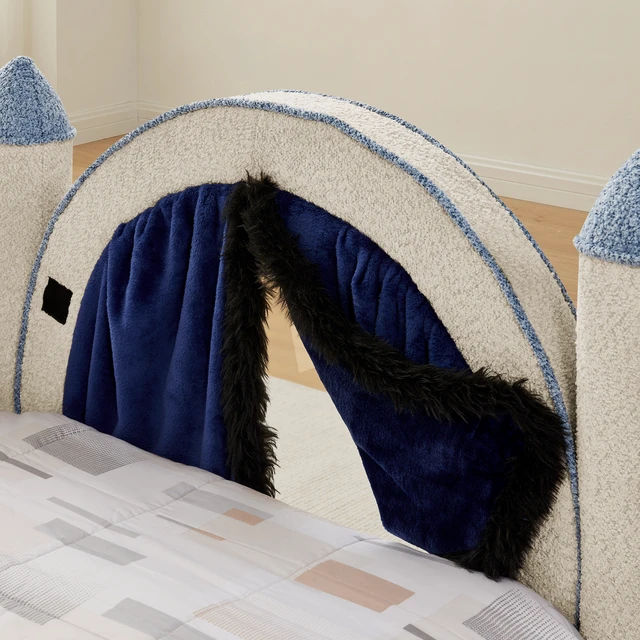 Alt view image 7 of 7 - Twin Size Castle Bed with Safety Guardrail and Curtain, Solid Bed Frame for Boucle Fabric, Camel, Boucle, Beds Frames