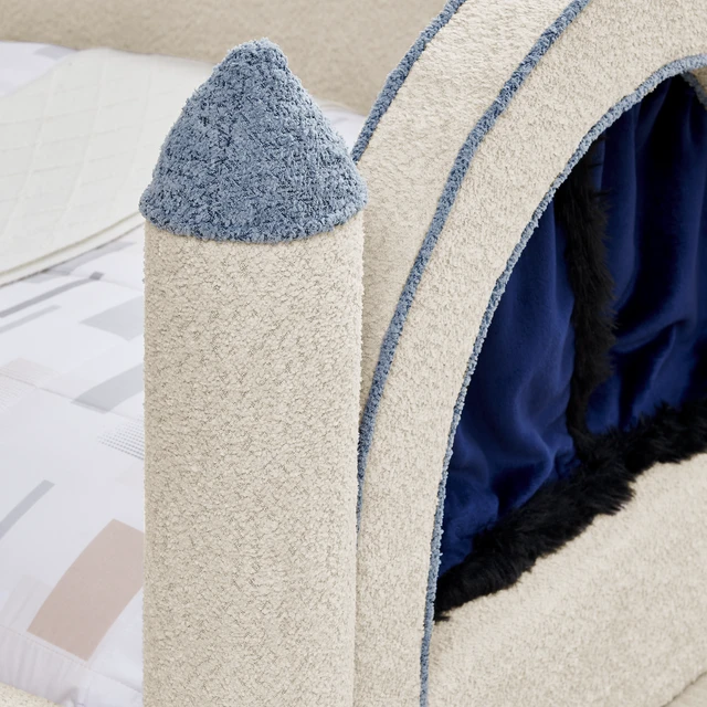 Alt view image 6 of 7 - Twin Size Castle Bed with Safety Guardrail and Curtain, Solid Bed Frame for Boucle Fabric, Camel, Boucle, Beds Frames