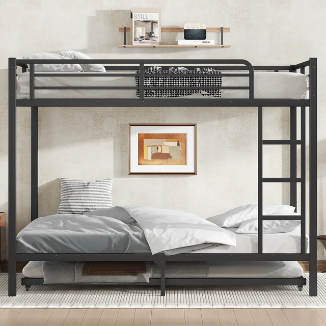 Alt view image 2 of 7 - Full Over Full Metal Bunk Bed with Twin Size Trundle, Black, Beds Frames Bases