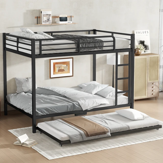 Alt view image 3 of 7 - Full Over Full Metal Bunk Bed with Twin Size Trundle, Black, Beds Frames Bases