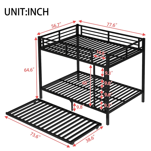 Alt view image 4 of 7 - Full Over Full Metal Bunk Bed with Twin Size Trundle, Black, Beds Frames Bases