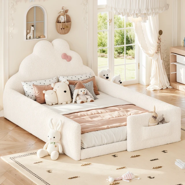 Alt view image 2 of 7 - Full Size Upholstered Floor Bed, Low 001e Ground Floor Bed Soft Padded Upholstered Kids Safe Children Frame