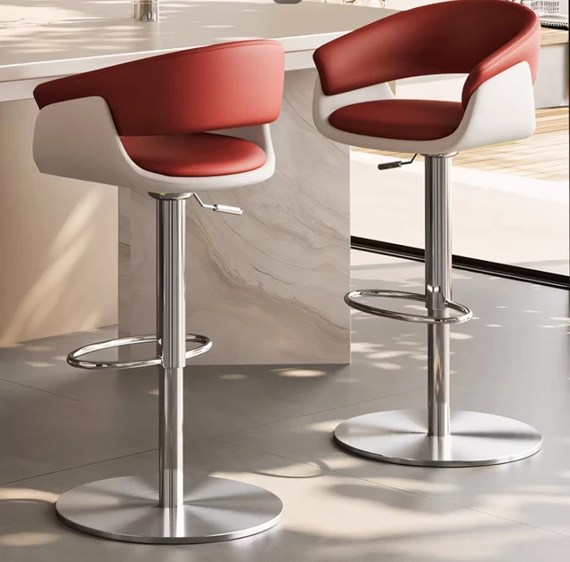Alt view image 3 of 6 - Adjustable Swivel Bar Stool Leather Upholstered Counter Height Bar Chair with Stainless Steel Base 1 Piece, Red, Faux