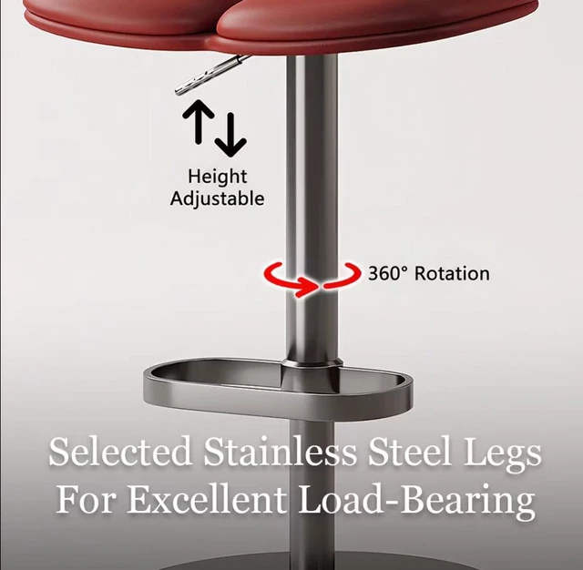 Alt view image 5 of 7 - Adjustable Bar Stool Upholstered Seat Swivel Bar Chair with Metal Base 1 Piece Wine, Wine Red, Leather and Stainless