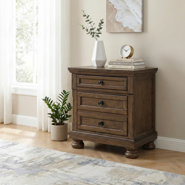 Alt view image 7 of 7 - Wooden 2 Drawer Nightstand Brown Finish Felt Lined Jewelry Tray Furniture 1 pc Bedside Table, Dark Brown, Wood