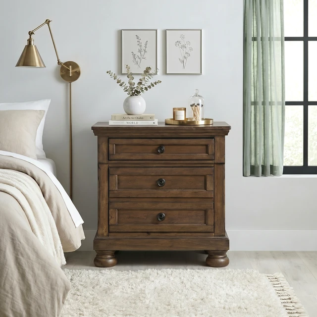 Alt view image 6 of 7 - Wooden 2 Drawer Nightstand Brown Finish Felt Lined Jewelry Tray Furniture 1 pc Bedside Table, Dark Brown, Wood