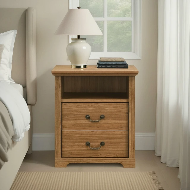 Alt view image 2 of 7 - Nightstand 2 pc Open Top Shelf Metal Handle Walnut Finish Furniture, Engineered Wood and Particle Board