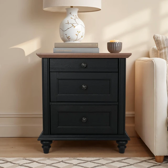 Alt view image 2 of 6 - 1 pc Nightstand Knob Handles Solid Wood Legs Furniture, Black Natural, MDF and Particle Board