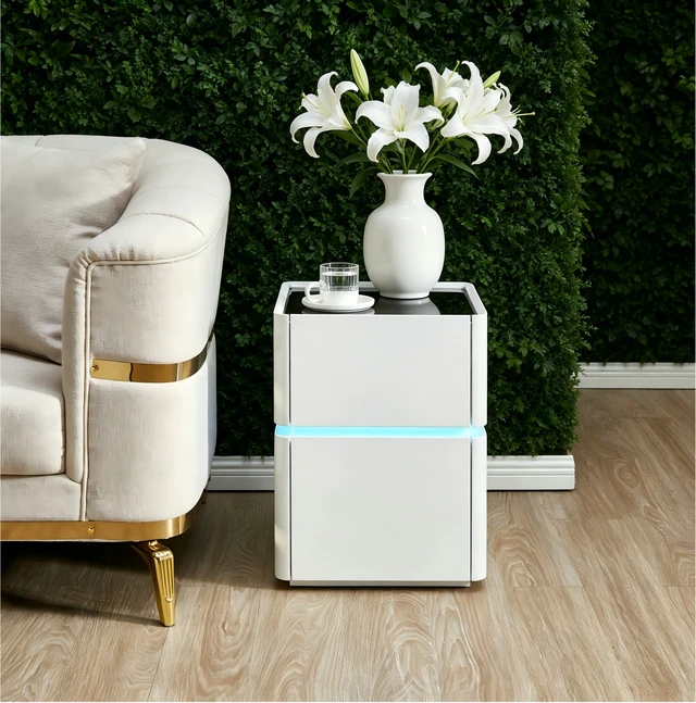 Alt view image 2 of 4 - LED Nightstand with Black Glass Top, 2 Drawer Storage Bedside Table, Gloss White, MDF and Glass