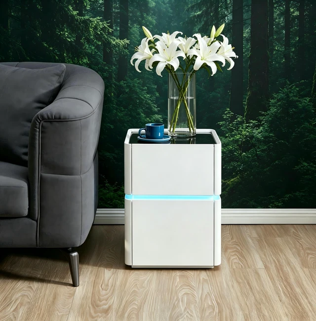 Main image of LED Nightstand with Black Glass Top, 2 Drawer Storage Bedside Table, Gloss White, MDF and Glass