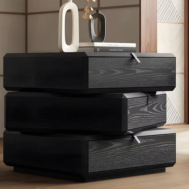 Main image of Rotating Nightstand with Spacious Drawers, Black, Solid Wood