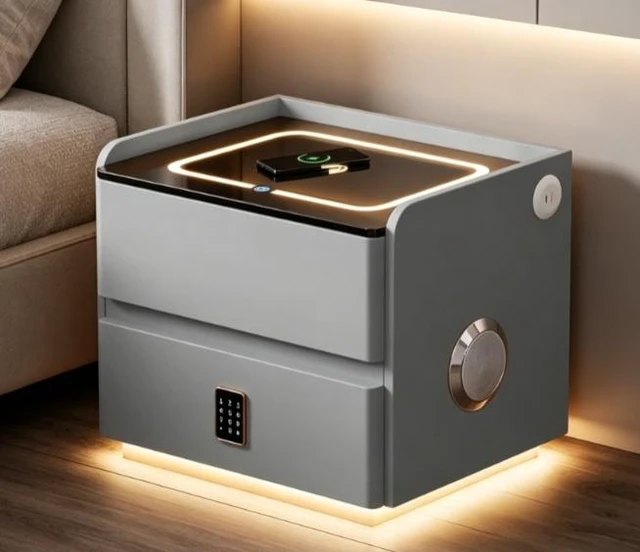 Main image of Smart Leather Nightstand with LED Ambience Wireless Charging Bluetooth Speaker and Digital Password Lock, Grey, Solid