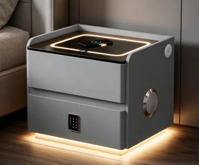 Alt view image 2 of 5 - Smart Leather Nightstand with LED Ambience Wireless Charging Bluetooth Speaker and Digital Password Lock, Grey, Solid