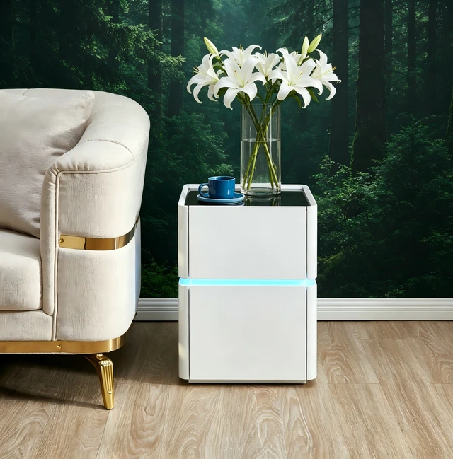 Alt view image 4 of 4 - LED Nightstand with Black Glass Top, 2 Drawer Storage Bedside Table, Gloss White, MDF and Glass
