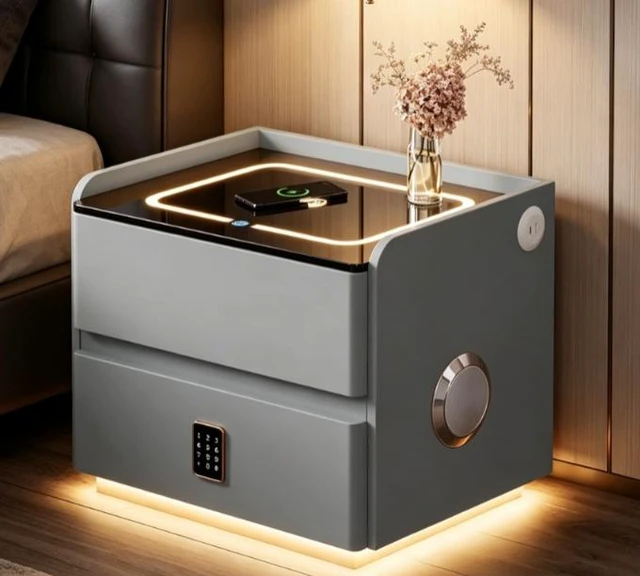 Alt view image 3 of 5 - Smart Leather Nightstand with LED Ambience Wireless Charging Bluetooth Speaker and Digital Password Lock, Grey, Solid