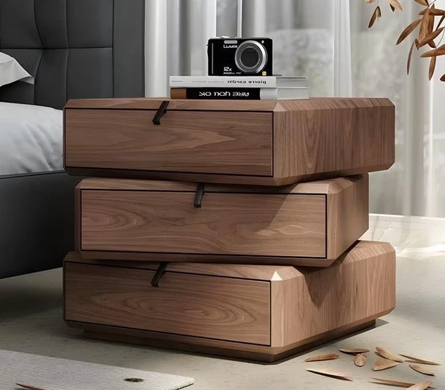 Main image of Rotating Nightstand with Spacious Drawers, Walnut, Solid Wood